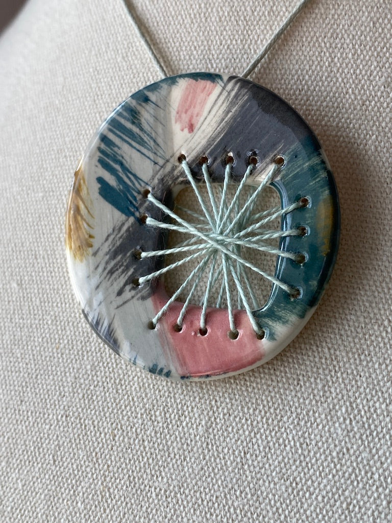 Handmade Ceramic Round Pendant - Pinks and Teal