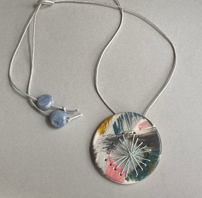 Handmade Ceramic Round Pendant - Pinks and Teal