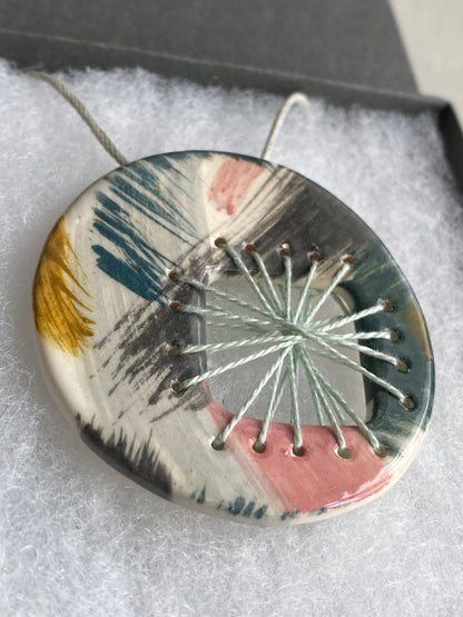 Handmade Ceramic Round Pendant - Pinks and Teal