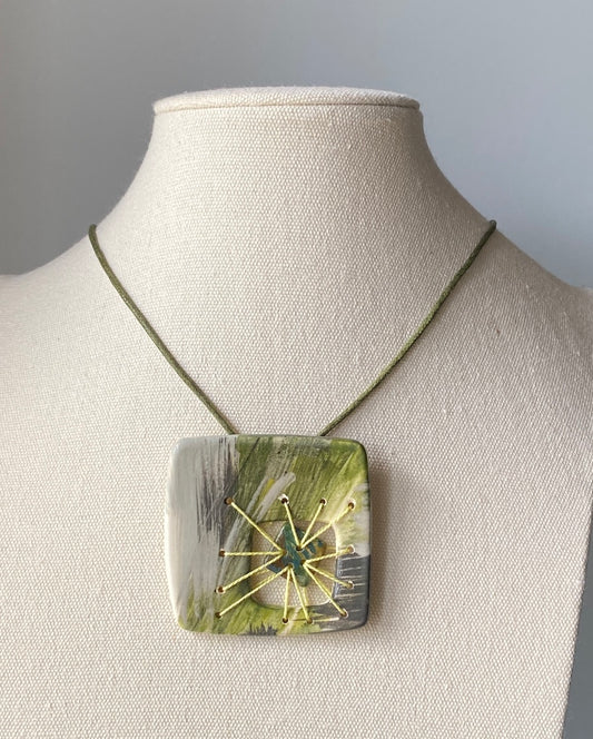Handmade Ceramic Pendant from the Fragments Collection - Greens, Greys, Yellow & Black, Citrus Yellow Stitching, Adjustable Orange Waxed Cotton Cord