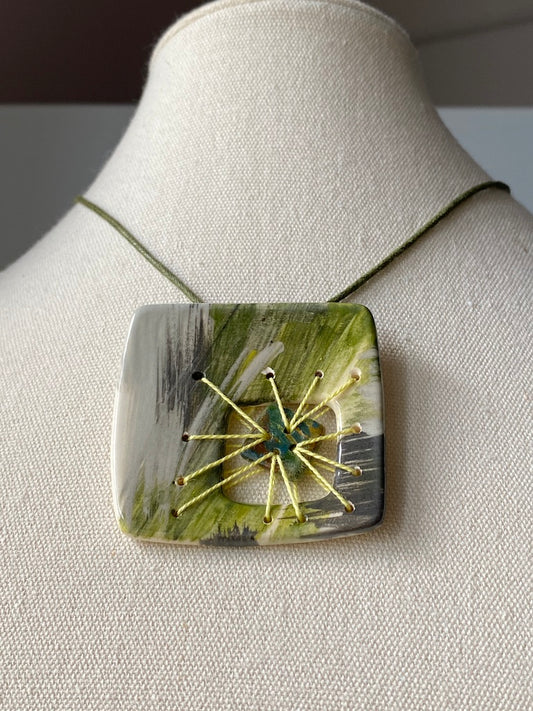 Handmade Ceramic Pendant Necklace Square Spring Greens