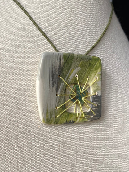 Handmade Ceramic Pendant Necklace Square Green