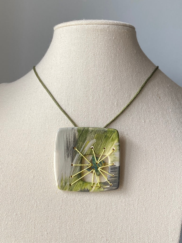 Handmade Ceramic Pendant Necklace Square Green