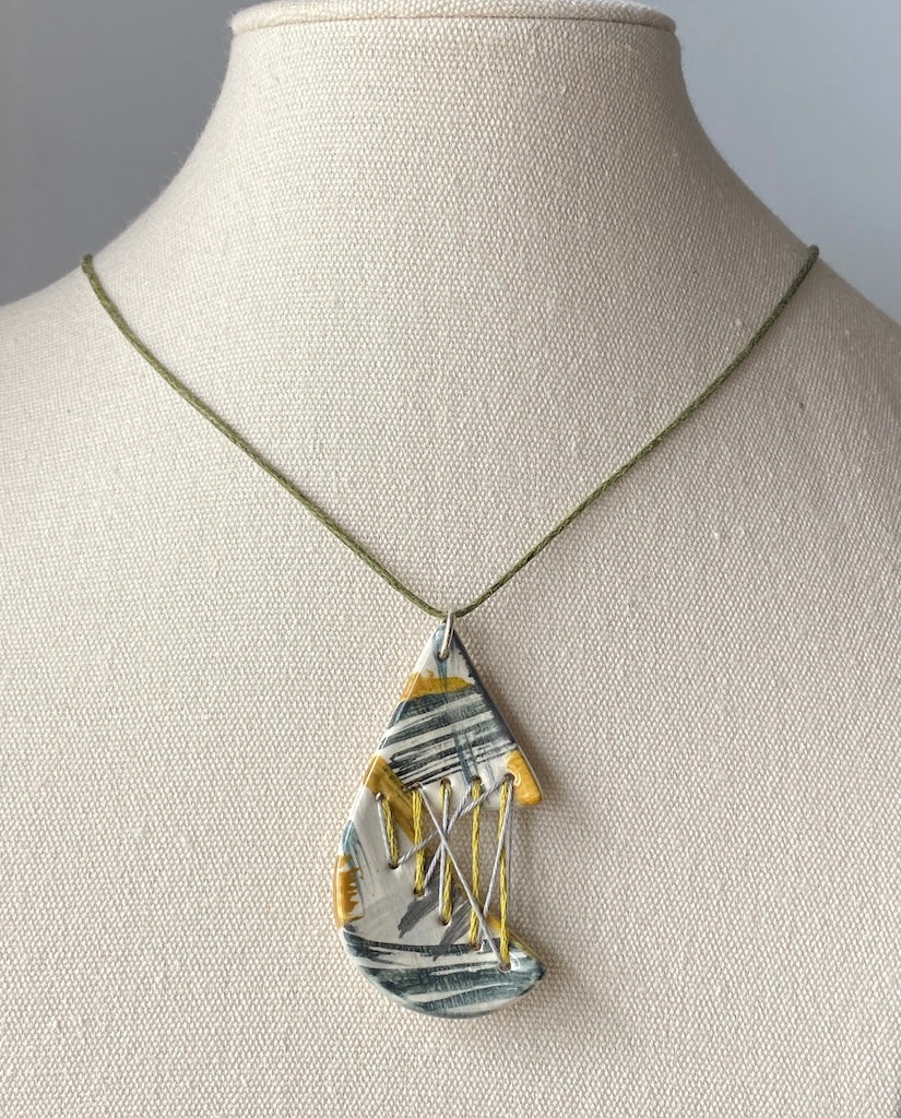 Handmade Ceramic Pendant Tear Drop - Grey, Black & Ochre