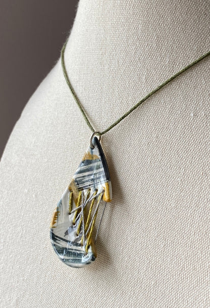 Handmade Ceramic Pendant Tear Drop - Grey, Black & Ochre