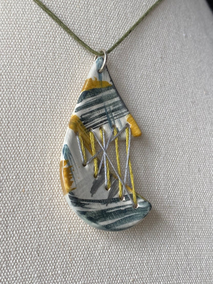 Handmade Ceramic Pendant Tear Drop - Grey, Black & Ochre