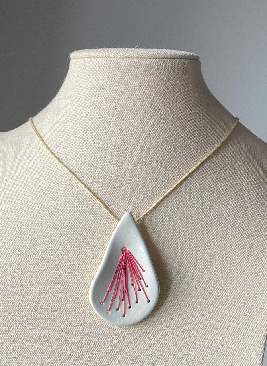 Handmade Pendant Necklace Ceramic Tear Drop, hot pink