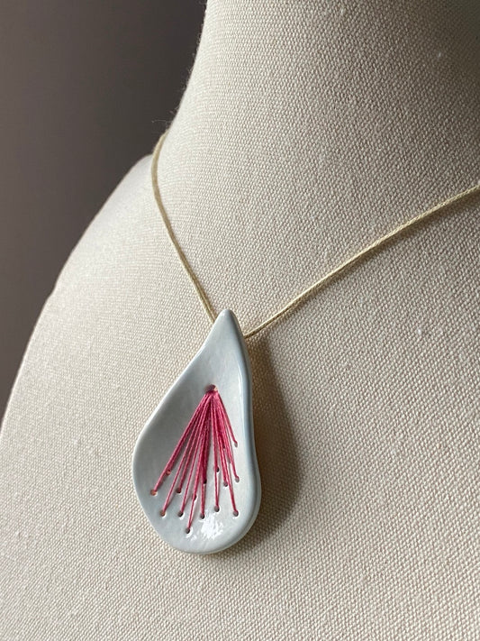 Handmade Ceramic Tear Drop Pendant - Soft Blue/Grey Glaze, Hot Pink Stitching, Sterling Silver Ends, 5.5cm x 3.5cm, Beautifully Presented