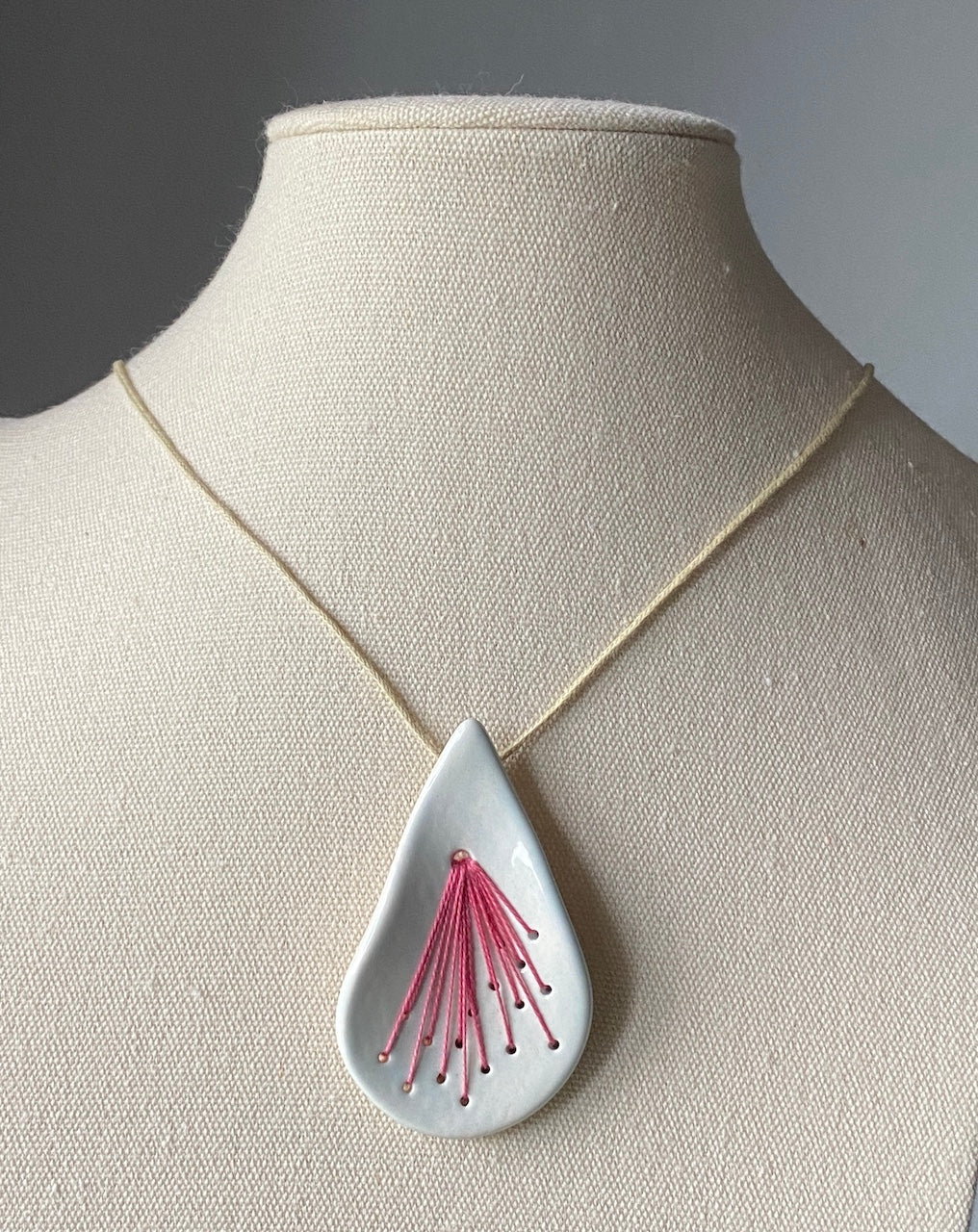 Handmade Pendant Necklace Ceramic Tear Drop, hot pink