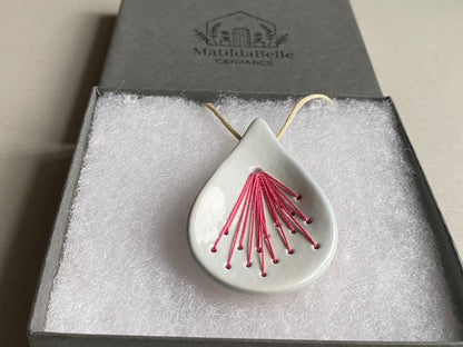 Handmade Pendant Necklace Ceramic Tear Drop, hot pink