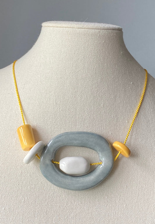 Handmade Ceramic Bead Necklace - Yellow, White & Grey Beads, Citrus Yellow Silk Cord, Adjustable 24", 6cm x 4.5cm Central Bead, Beautifully Presented