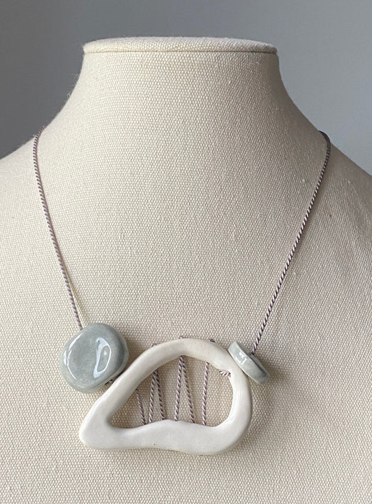 Handmade Ceramic Statement Pendant Necklace - Organic Shape, Silk Thread Stitching & Grey Beads