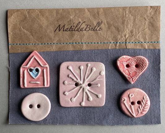 Ceramic Pink Buttons handmade set of Five mixed