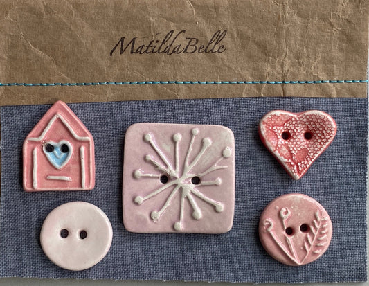 Ceramic Pink Buttons handmade set of Five mixed