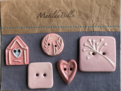 Ceramic Buttons handmade mixed set of 5 pInks