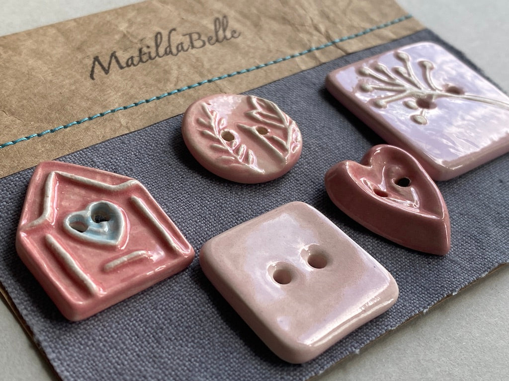 Ceramic Buttons handmade mixed set of 5 pInks