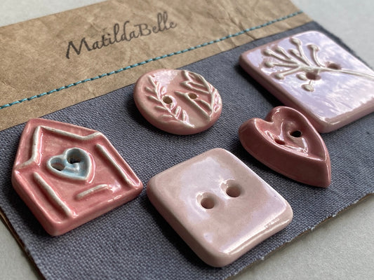 Ceramic Buttons handmade mixed set of 5 pInks