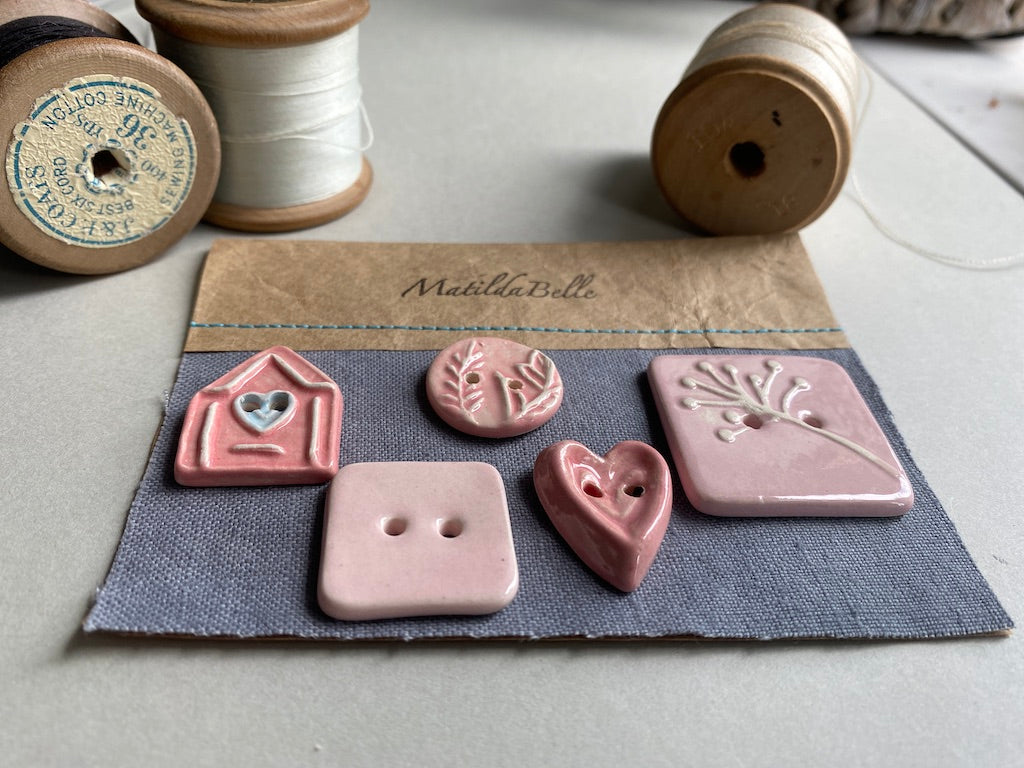 Ceramic Buttons handmade mixed set of 5 pInks