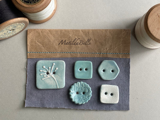 Pottery Handmade Buttons mixed set of five blues and greens