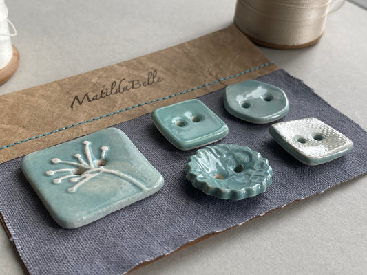 Pottery Handmade Buttons mixed set of five blues and greens