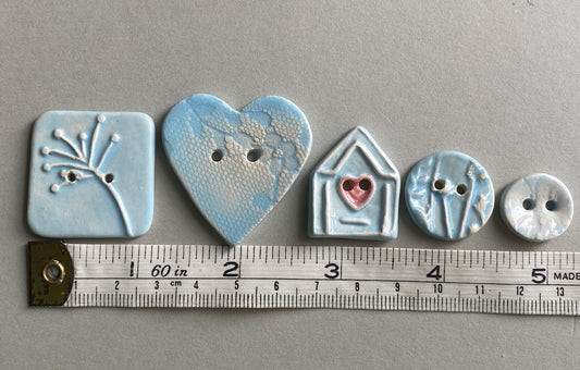 Handmade Ceramic Buttons set of five in pastel Blues