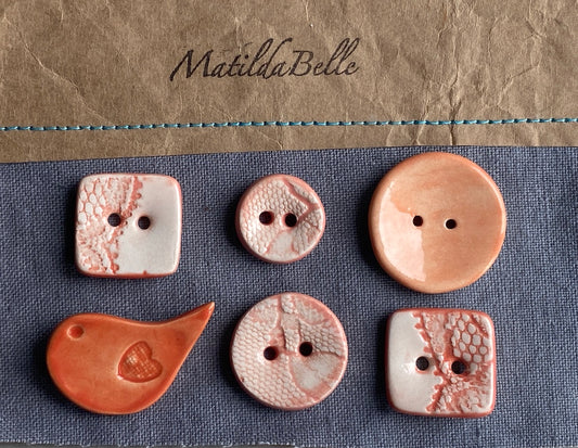 Buttons Handmade Ceramic set of Six mixed in Orange