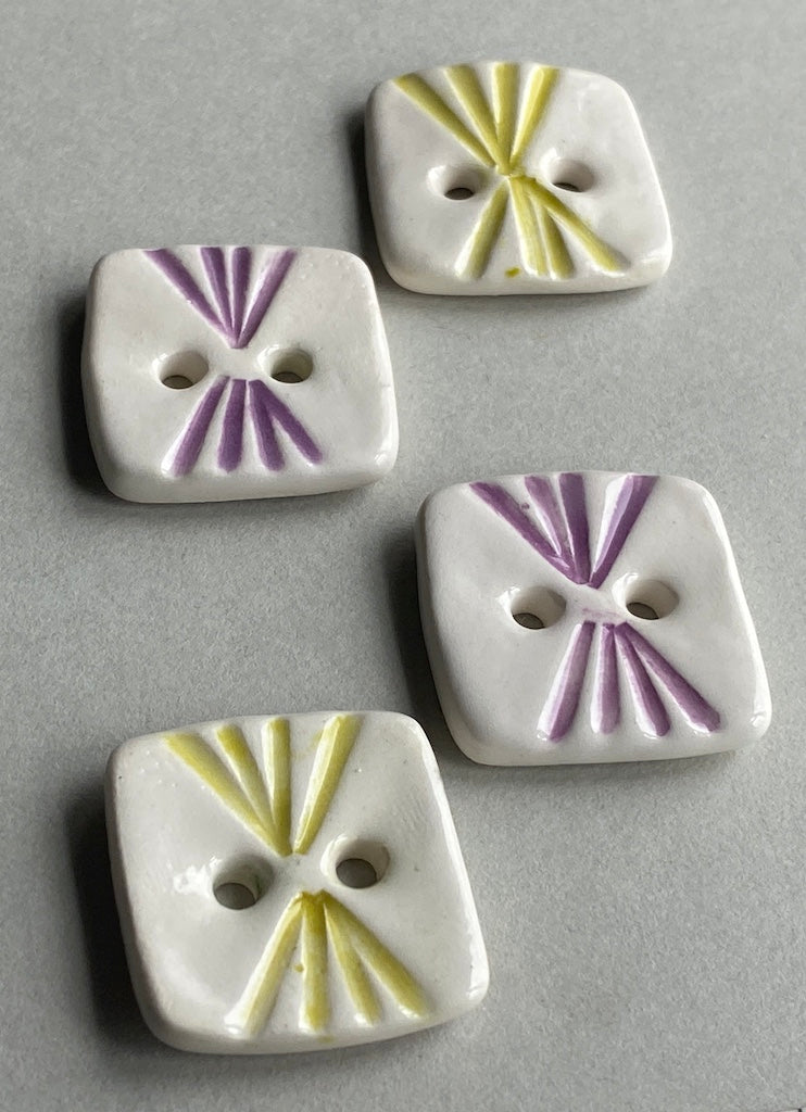 Pottery Buttons set of Four retro design purple and lime 23mm