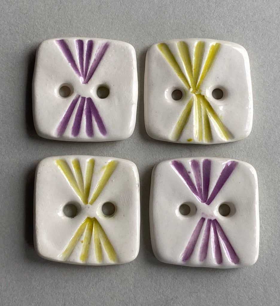 Pottery Buttons set of Four retro design purple and lime 23mm