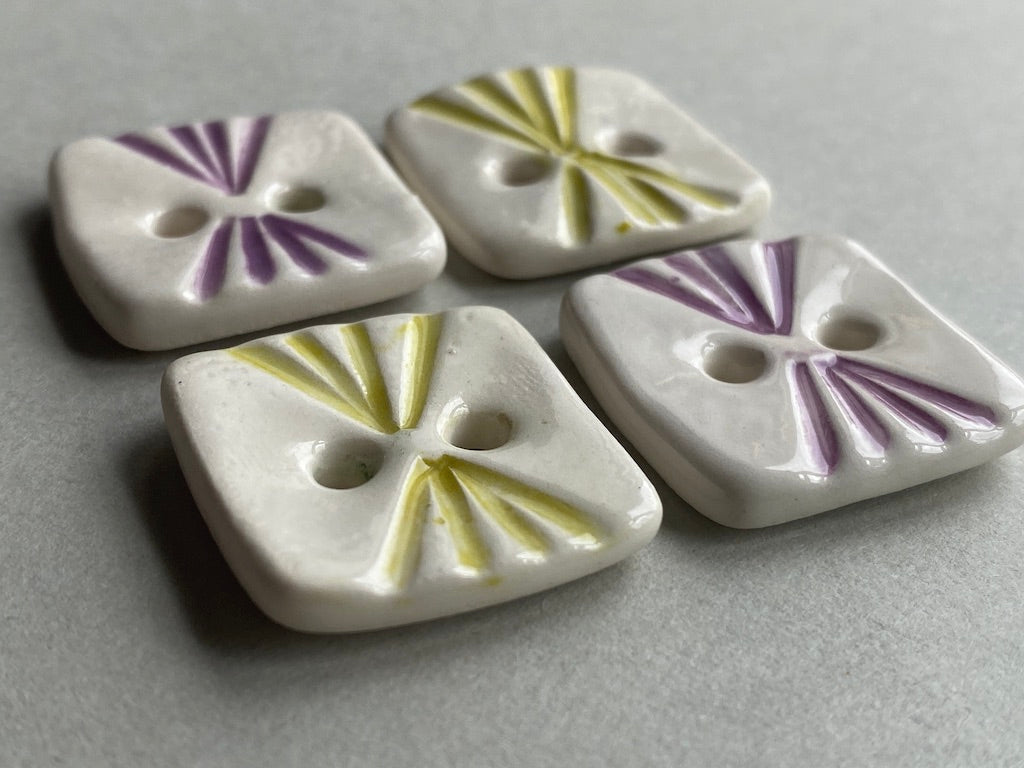 Pottery Buttons set of Four retro design purple and lime 23mm