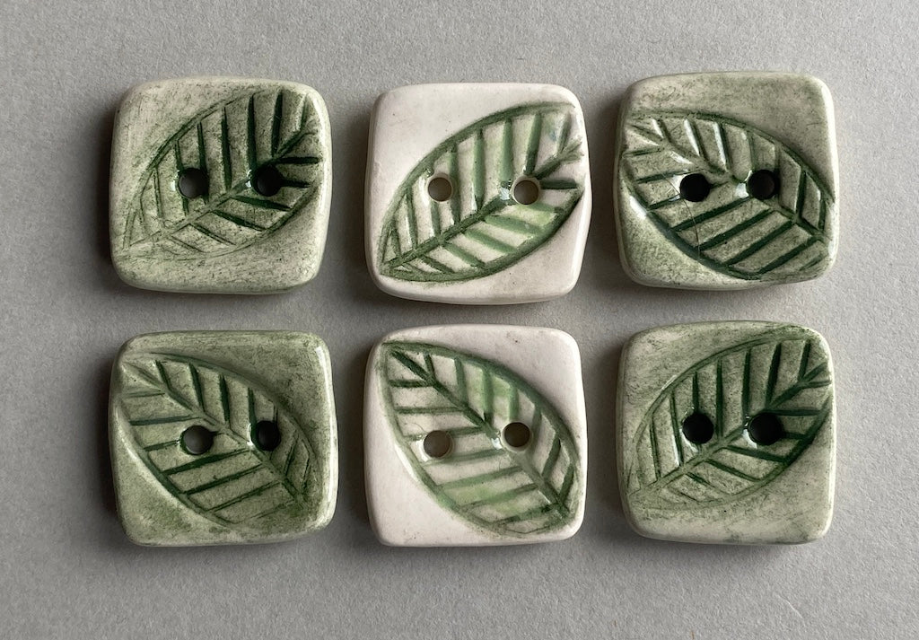 handmade Pottery Buttons set of 6 Square green botanical 22mm