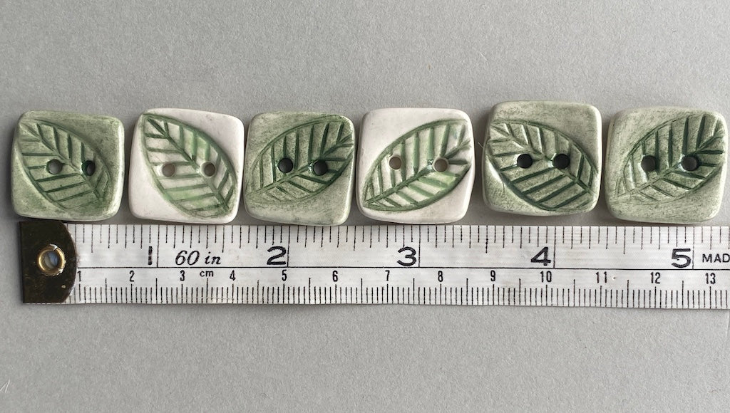 handmade Pottery Buttons set of 6 Square green botanical 22mm