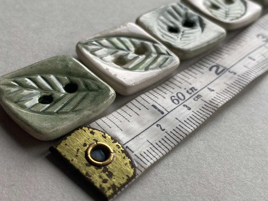 handmade Pottery Buttons set of 6 Square green botanical 22mm