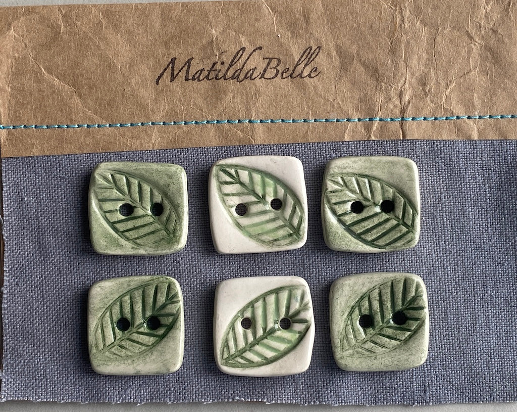 handmade Pottery Buttons set of 6 Square green botanical 22mm