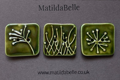 Handmade Ceramic Botanical Buttons Set of 3 - Square Design Olive Green