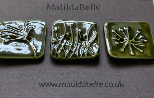 Handmade Ceramic Botanical Buttons Set of 3 - Square Design Olive Green