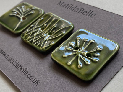 Handmade Ceramic Botanical Buttons Set of 3 - Square Design Olive Green