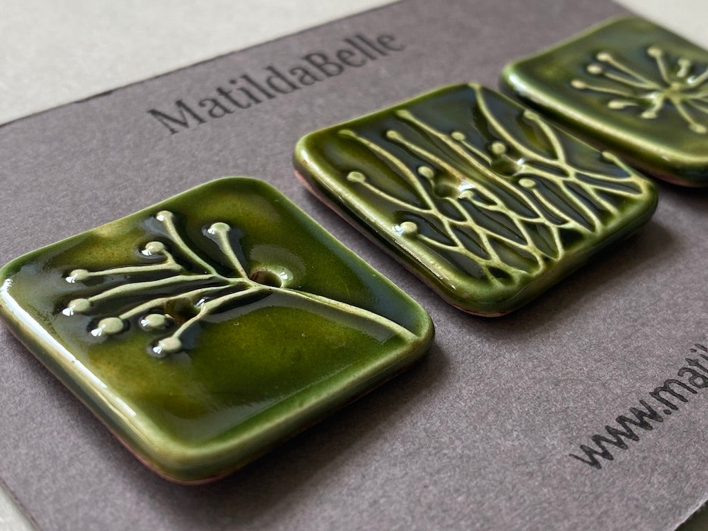 Handmade Ceramic Botanical Buttons Set of 3 - Square Design Olive Green