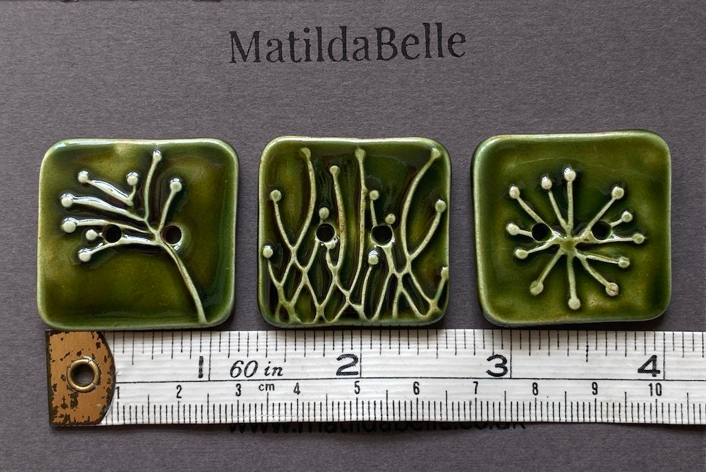 Handmade Ceramic Botanical Buttons Set of 3 - Square Design Olive Green