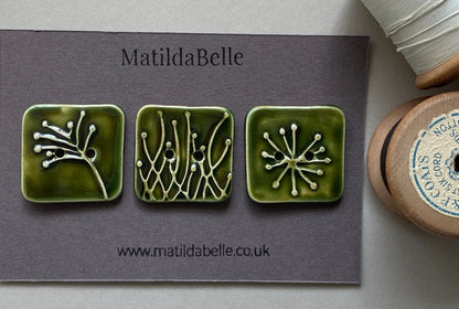 Handmade Ceramic Botanical Buttons Set of 3 - Square Design Olive Green