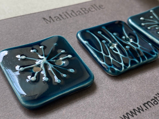 Handmade Ceramic Botanical Buttons Set of 3 - Square Design Petrol Blue