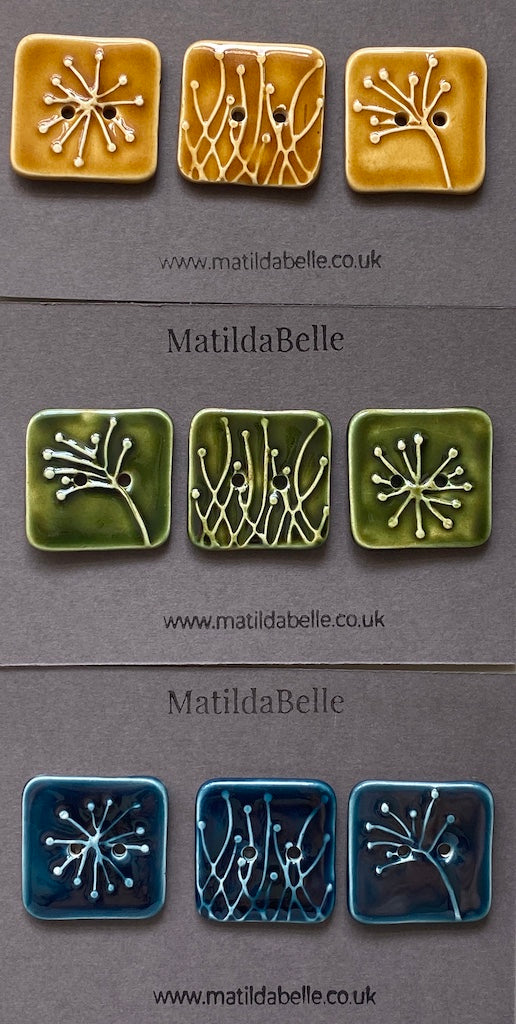 Handmade Ceramic Botanical Buttons Set of 3 - Square Design 35mm