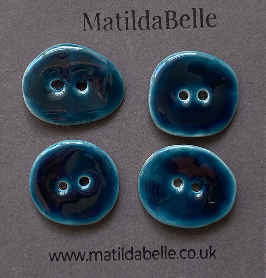 Set of 4 Rustic Oval Earthenware Clay Buttons - Petrol Blue