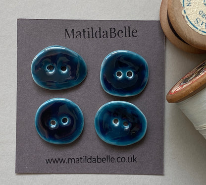 Set of 4 Rustic Oval Earthenware Clay Buttons - Petrol Blue