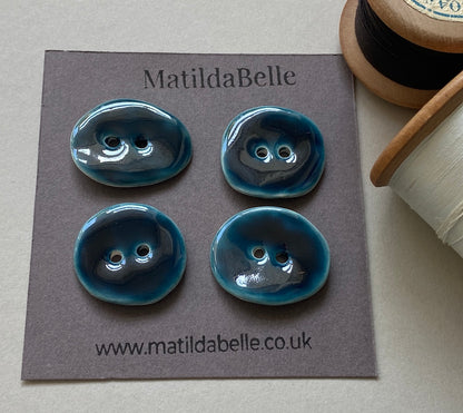 Set of 4 Rustic Oval Earthenware Clay Buttons - Petrol Blue