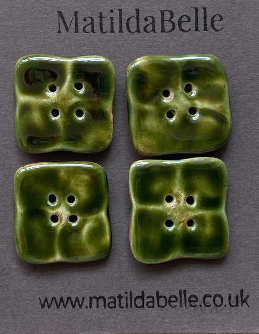 Set of 4 Rustic Square Olive Green Glazed Buttons - 23mm