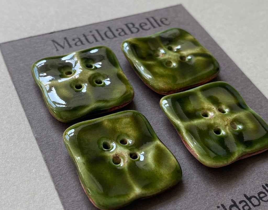 Set of 4 Rustic Square Olive Green Glazed Buttons - 23mm