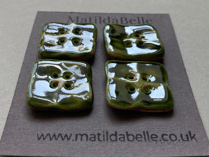 Set of 4 Rustic Square Olive Green Glazed Buttons - 23mm