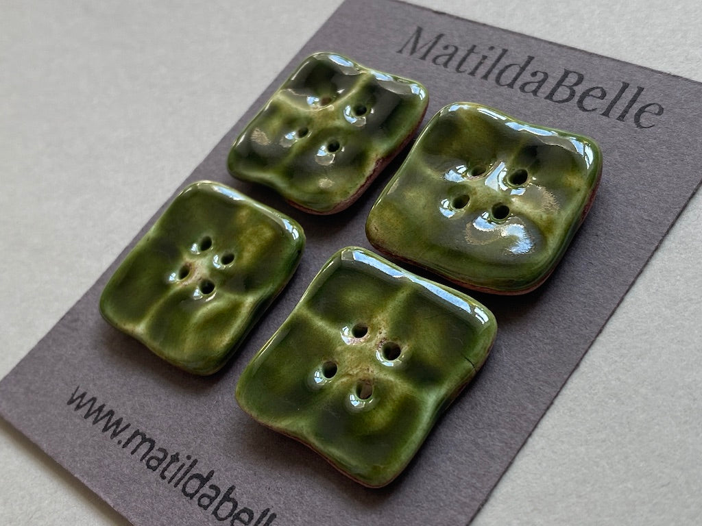 Set of 4 Rustic Square Olive Green Glazed Buttons - 23mm