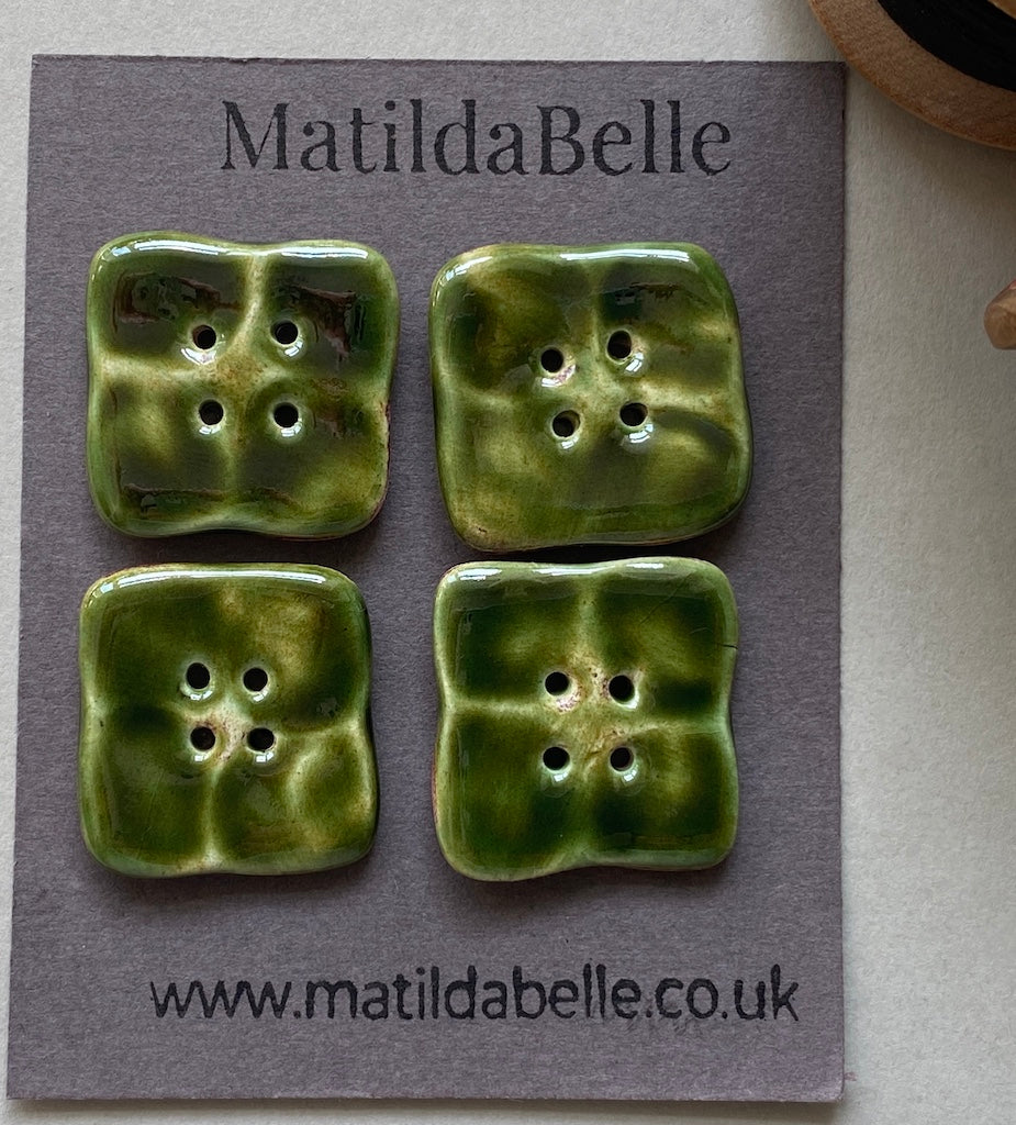 Set of 4 Rustic Square Olive Green Glazed Buttons - 23mm