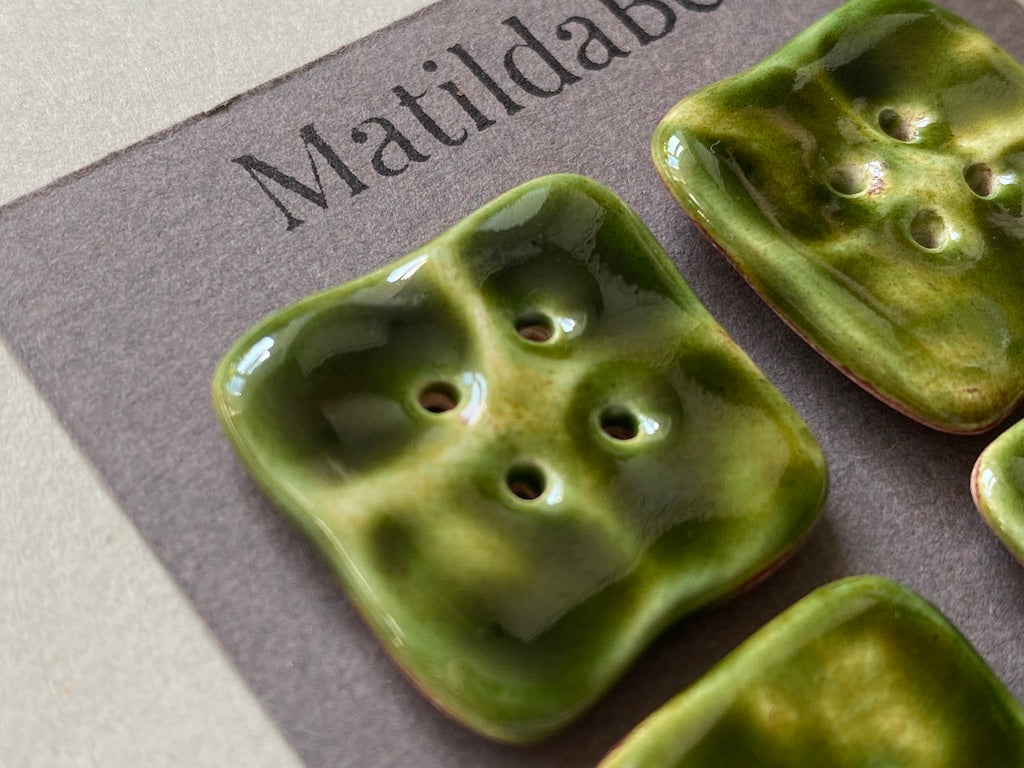 Set of 4 Rustic Square Olive Green Glazed Buttons - 23mm